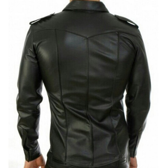 NOORA  Mens Police Style Black Leather Shirt | Police Uniform Jacket | Shoulder Strap |  ST040