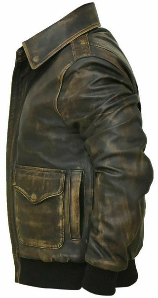 NOORA Mens Lambskin Leather Distressed Brown Leather Aviator Flight Jacket Zipper & Pocket | Bomber Jacket | Vintage Jacket | ST0176