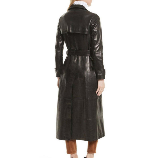 NOORA Womens  Lambskin Black Leather Long trench Coat With Button | Belted Trench Coat | Winter Wear Trench Coat |  ST0101