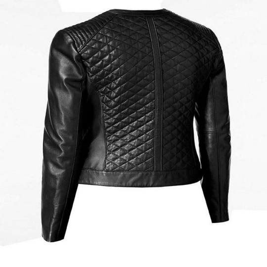 NOORA Womens Black Leather Biker Quilted Jacket With Zipper & Pocket | Slim Fit Jacket | Full Sleeves | ST077