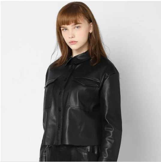 Noora Womens Lambskin  Black Leather Shirt Jacket ,Motor Biker Leather Shirt With Collared | Slim Fit | Gift For Her |  ST037