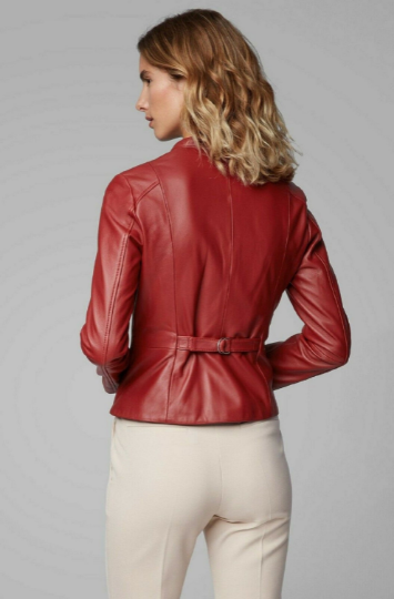Noora Womens Lambskin Red Leather Motorcycle Jacket With Zipper & Pocket, Belted Jacket