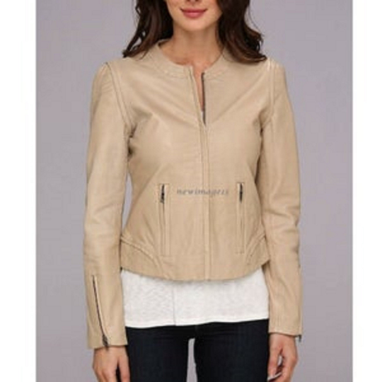 NOORA Womens Lambskin Beige Leather Crop Slim Fit Jacket With Zipper & Pocket | Zip On Sleeves | ST051