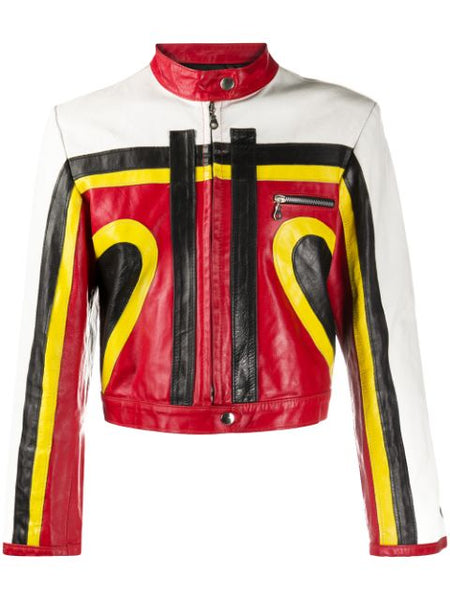 NOORA Mens Lambskin Leather Color Block Jacket With Zipper & Pocket | Biker Jacket | Band Collar | ST0179