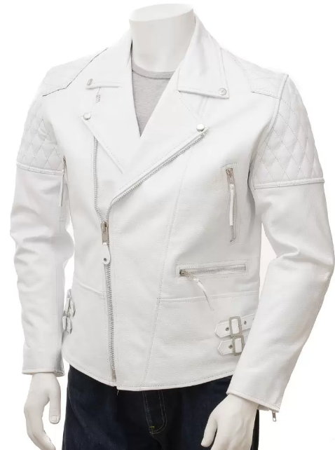 NOORA Mens White Leather Quilted Jacket With Zipper & Pocket | Belted Jacket | Zip On Sleeves | ST0180