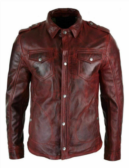 NOORA Mens Lambskin Brown Leather Motorcycle Shirt Jacket With Pocket | Shoulder Strap | ST021