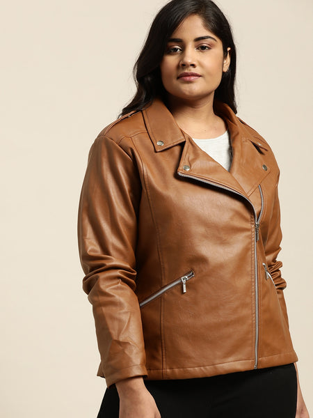 NOORA Womens Lambskin Tan Leather Biker Jacket With Zipper & Pocket | Plus Size Jacket | Shoulder Strap & Snap | ST0155