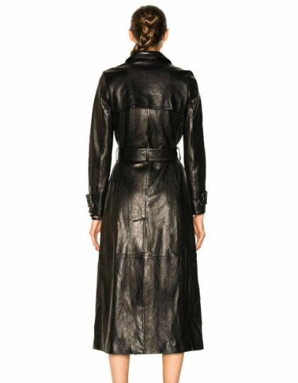 NOORA Womens  Lambskin Black Leather Long Trench Coat With Belt | Slit Cut Trench Coat | ST092