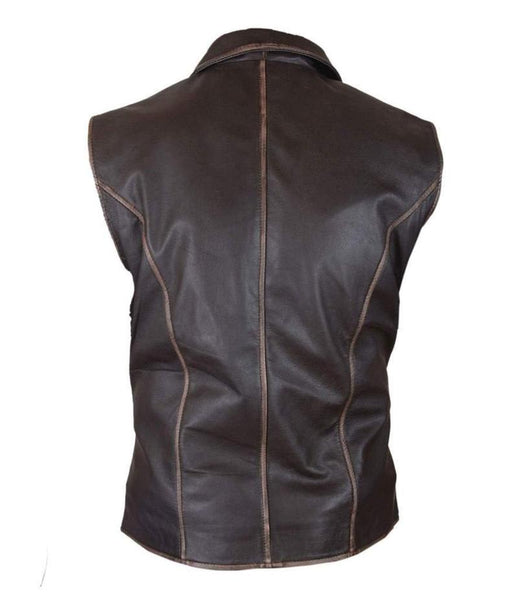NOORA Mens Lightweight Leather Distressed Brown Vest Coat With Button & Pocket | Soft Leather Vest Coat | Slim Fit