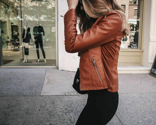 NOORA Womens Lambskin Brown Leather Cropped Motor Biker Jacket With Zipper & Pocket | Long Sleeves | Band Collar | ST034