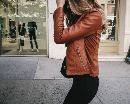 NOORA Womens Lambskin Brown Leather Cropped Motor Biker Jacket With Zipper & Pocket | Long Sleeves | Band Collar | RT699