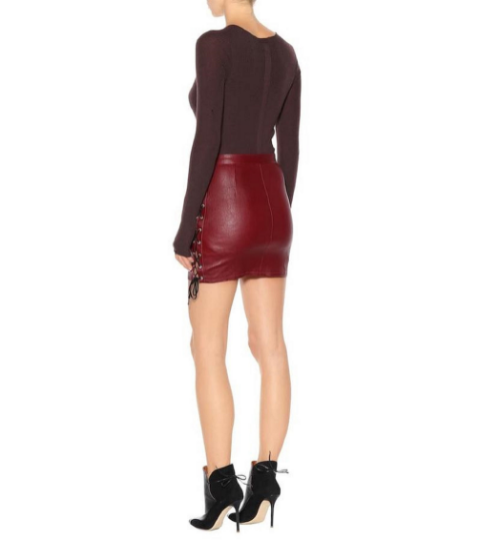 NOORA Womens Real Lambskin Burgundy Leather Skirt , High Waisted Booty Mini Shorts With Braided |  Side Lace Up | ST0112