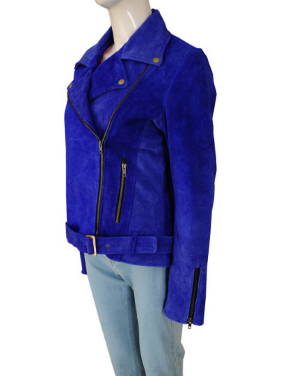 NOORA Womens  Lambskin Leather Midnight Blue Suede Biker Jacket With Zipper | Snap On Collar | Belted Jacket | rt789