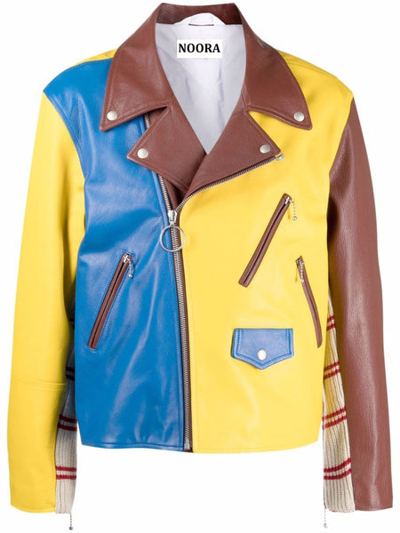 NOORA Mens Lambskin Leather Multicolor Biker Jacket With jacket & Pocket | Color Block Jacket | ST0175