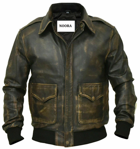 NOORA Mens Lambskin Leather Distressed Brown Leather Aviator Flight Jacket Zipper & Pocket | Bomber Jacket | Vintage Jacket | ST0176