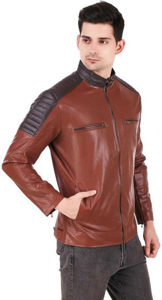 NOORA Mens Lambskin Color Block Quilted Biker Jacket With Zipper & Pocket| Band Collar| ST0178