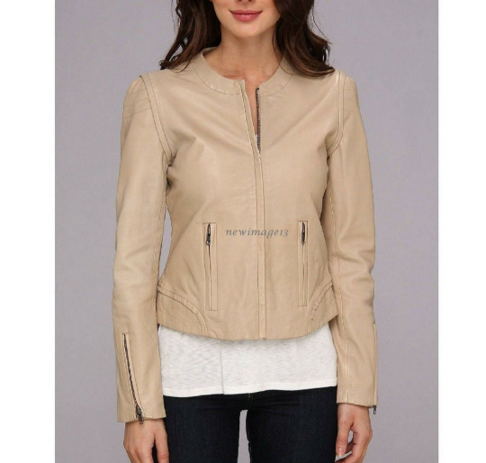 NOORA Womens Lambskin Beige Leather Crop Slim Fit Jacket With Zipper & Pocket | Zip On Sleeves | ST051