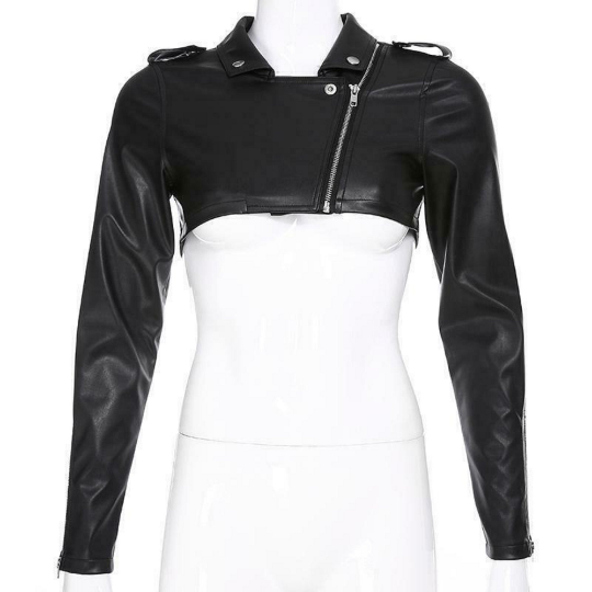 NOORA Womens  Lambskin Leather Black Crop Jacket With One Side Zipper | Shoulder Strap | Zip On Sleeves | rt728