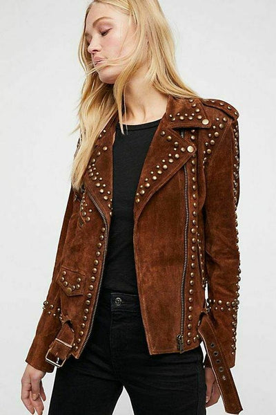 NOORA Women's American Style Lambskin Brown Suede Studded Jacket With Zipper & Jacket | Shoulder Strap | ST0403