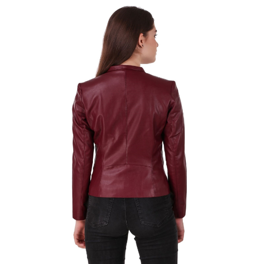 NOORA Womens Lambskin Maroon Leather Jacket With Zipper & Pocket | Slim Fit Jacket | ST072