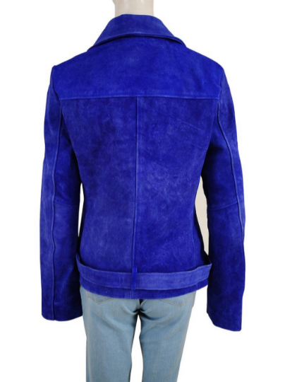 NOORA Womens  Lambskin Leather Midnight Blue Suede Biker Jacket With Zipper | Snap On Collar | Belted Jacket | rt789