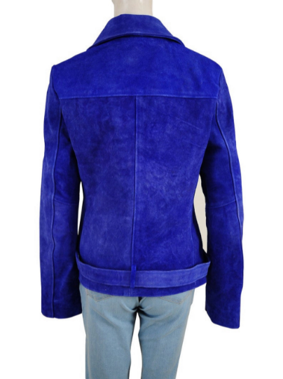 NOORA Womens  Lambskin Leather Midnight Blue Suede Biker Jacket With Zipper | Snap On Collar | Belted Jacket | ST048