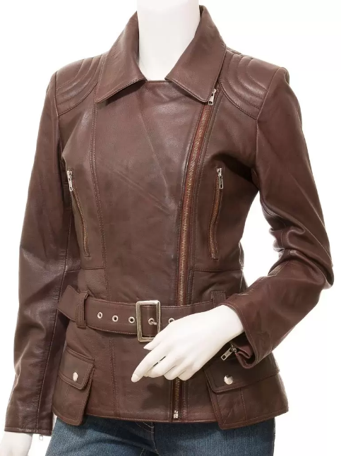 NOORA Womens Lambskin Brown Leather Biker Jacket With Zipper & Pocket | Quilted Jacket | Belted Jacket | ST0167