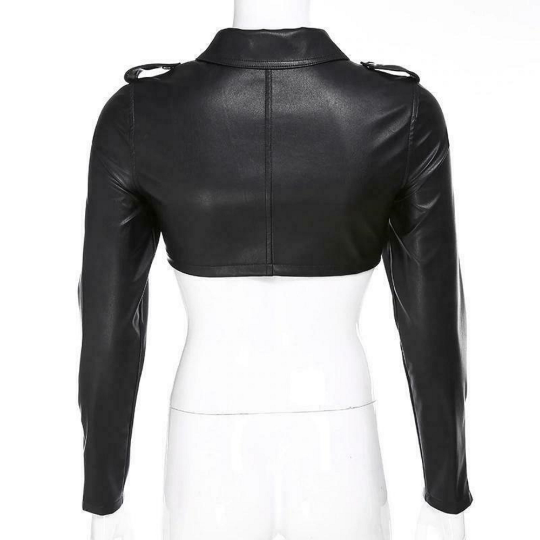 NOORA Womens  Lambskin Leather Black Crop Jacket With One Side Zipper | Shoulder Strap | Zip On Sleeves | rt728