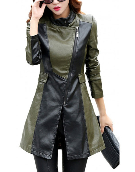 NOORA Womens Color Block Long Trench Coat With Zipper | Olive Green & Black Combination | Multi Color | ST0185