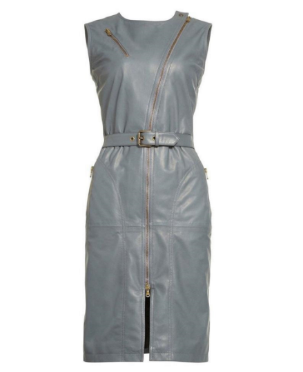 NOORA Womens Real Lambskin Grey Leather Dress With Long Zipper & Belt | Front Slit | Party-wear dress | ST075
