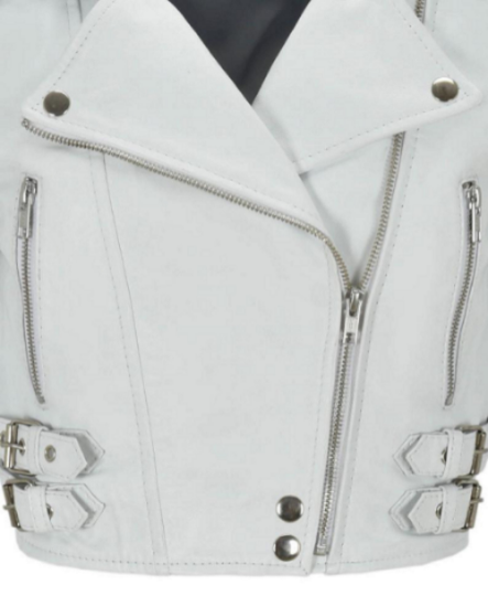 NOORA Womens  White Leather Cropped Biker jacket With Zipper & Pocket | Zip On Sleeves | Belted Jacket | Snap On Collar