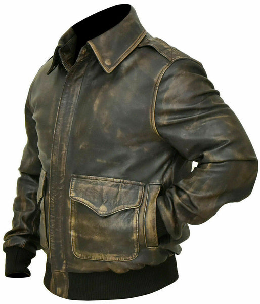 NOORA Mens Lambskin Leather Distressed Brown Leather Aviator Flight Jacket Zipper & Pocket | Bomber Jacket | Vintage Jacket | ST0176