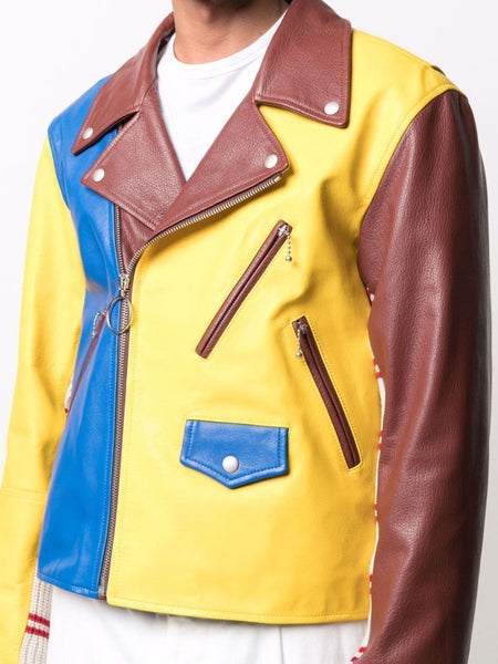 NOORA Mens Lambskin Leather Multicolor Biker Jacket With jacket & Pocket | Color Block Jacket | ST0175