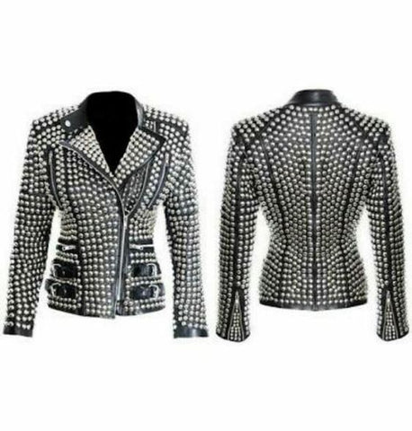 NOORA Women Punk Style Silver Studded Jacket Ladies Fashion Real Soft Lambskin Nappa Leather Jacket