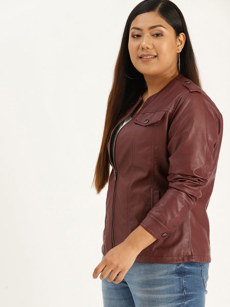 NOORA Womens Lambskin Burgundy Leather Biker Jacket With Zipper & Pocket | Plus Size Jacket | Shoulder Strap |  ST0154