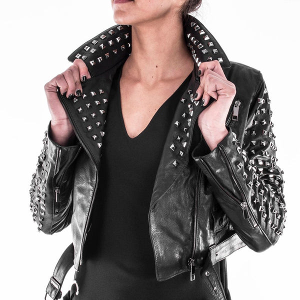 NOORA Womens Lambskin Black Leather Cropped Biker Jacket With Zipper & Pocket | Rock Studded Jacket | Belted Jacket |  ST0166