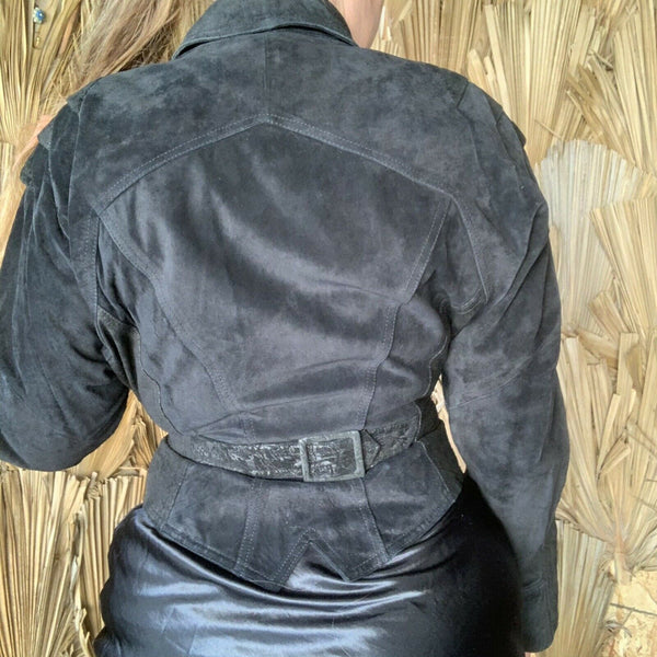 NOORA Women's Real Lambskin Vintage Black Suede Jacket With Cinched Waist | Slim Fit Jacket | ST0405