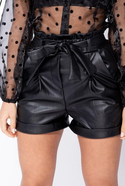 NOORA Womens & Girls Black Leather Shorts With Belted Cuffed | High Waisted Shorts | Soft Mini Shorts | ST0352