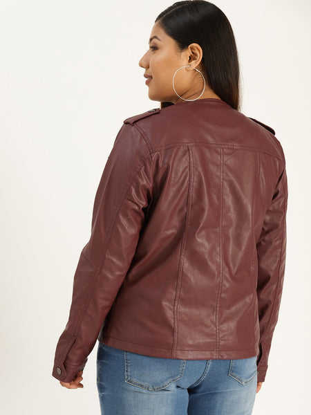 NOORA Womens Lambskin Burgundy Leather Biker Jacket With Zipper & Pocket | Plus Size Jacket | Shoulder Strap |  ST0154