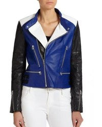 NOORA Womens Lambskin Leather Color Block Pattern Biker Jacket With Zipper & Pocket | Multi Color Jacket | Zip On Sleeves | ST0177