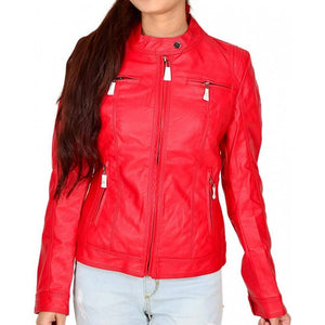 NOORA Womens Lambskin Red Leather Quilted Biker Jacket With Zipper & Pocket | Band Collar | Slim Fit jacket | RT147