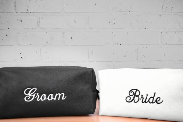 NOORA Personalized Leather Toiletry Bag Set | Mr. and Mrs. Leather Dopp Kit | Travel Case | Wedding Gift Set | ST0162