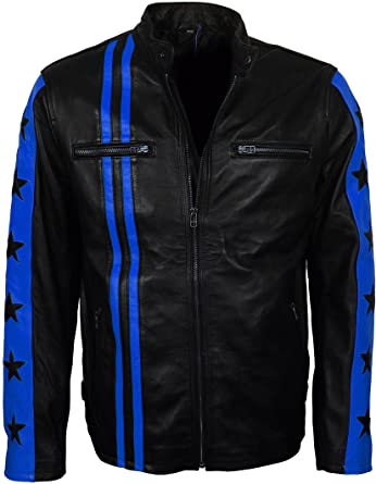 NOORA Mens Lambskin Leather Colour Block Biker Jacket With Zipper & Pocket | Star Motif On Sleeves | Black & Blue Combination | ST0173