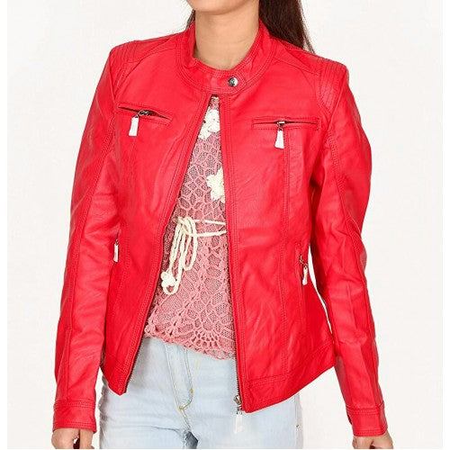 NOORA Womens Lambskin Red Leather Quilted Biker Jacket With Zipper & Pocket | Band Collar | Slim Fit jacket | RT147