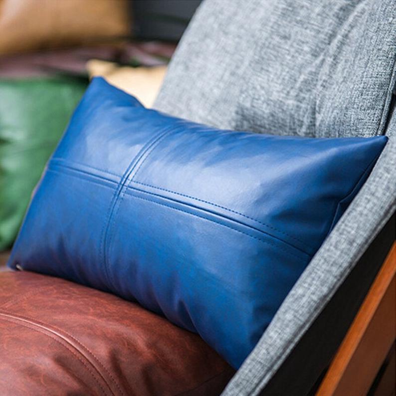 NOORA Real Leather Cushion Cover | Blue Leather Pillow Case | Rectangular Shape Cover | Home Decor | Modern Pillow Cover | ST0150