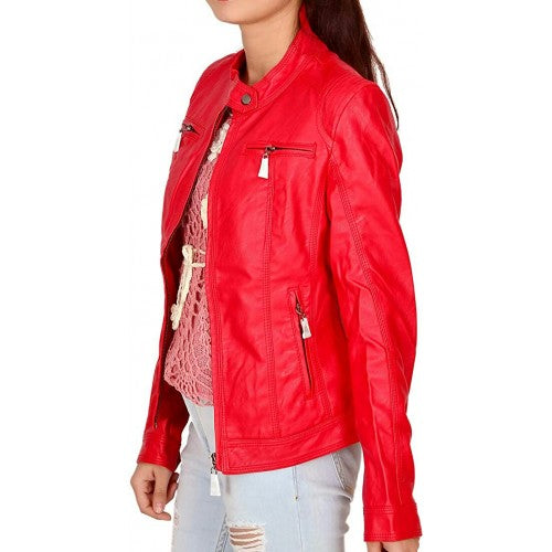 NOORA Womens Lambskin Red Leather Quilted Biker Jacket With Zipper & Pocket | Band Collar | Slim Fit jacket | ST0184