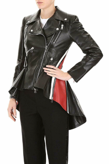 Noora New Women's Stylish RED Stripped Peplum Designer Lambskin Leather Black Jacket UN17