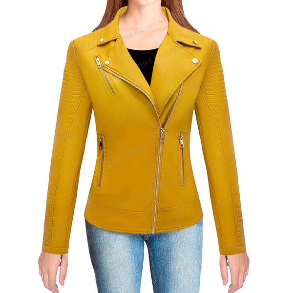 Noora Women's Lambskin YELLOW Leather Jacket with snap on collar SN08