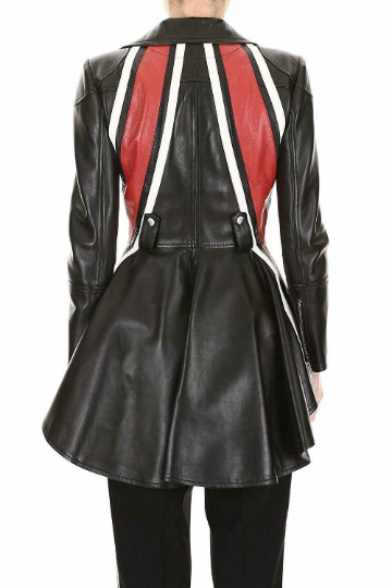 Noora New Women's Stylish RED Stripped Peplum Designer Lambskin Leather Black Jacket UN17