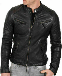 Noora Men's Leather Jacket Black | Handmade Motorcycle Cafe Racer Riding Leather Jacket | Zipper & Zipped Pockets | ST09